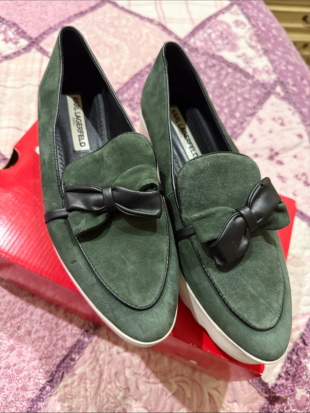 Karl Lagerfeld Dark Green Suede Bow Loafers with Black Trim